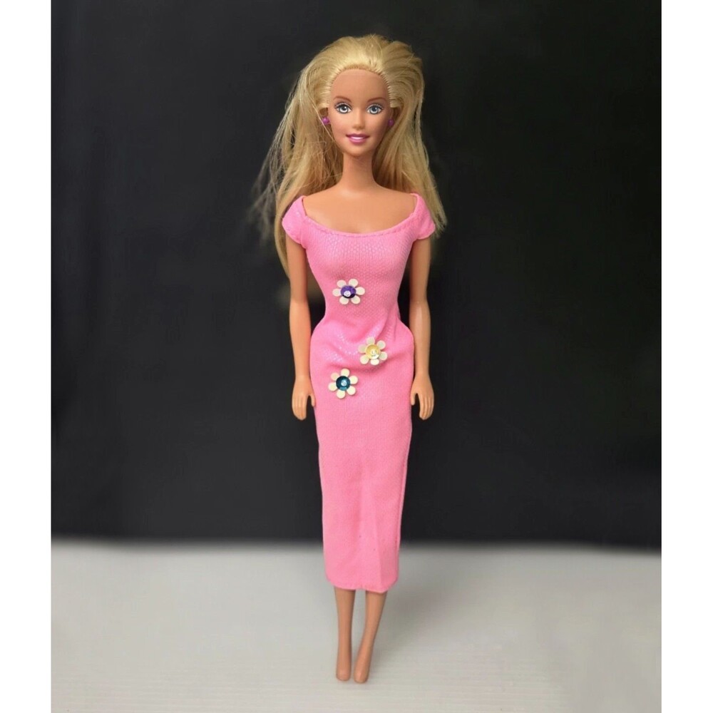 Barbie Cool Clips Doll Blonde Hair Pink Dress Flowers Sparkles 2001 #50598 Vtg